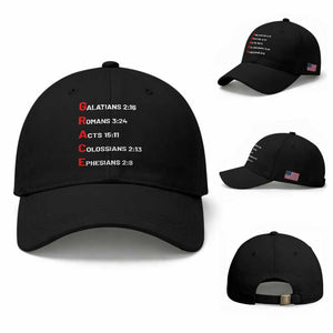 GRACE Christian Scripture Acronym Baseball Cap Bible Verses Galatians Romans Acts Colossians Ephesians Faith Message Gift TS02 Baseball Cap Universal Fit Black Print Your Wear