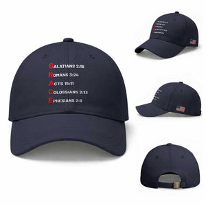 GRACE Christian Scripture Acronym Baseball Cap Bible Verses Galatians Romans Acts Colossians Ephesians Faith Message Gift TS02 Baseball Cap Universal Fit Navy Print Your Wear