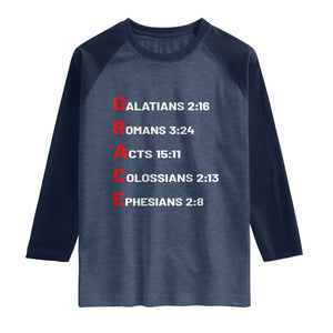 GRACE Christian Scripture Acronym Raglan Shirt Bible Verses Galatians Romans Acts Colossians Ephesians Faith Message Gift TS02 Heather Denim Navy Print Your Wear