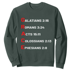 GRACE Christian Scripture Acronym Sweatshirt Bible Verses Galatians Romans Acts Colossians Ephesians Faith Message Gift TS02 Dark Forest Green Print Your Wear