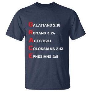 GRACE Christian Scripture Acronym T Shirt - Bible Verses Galatians Romans Acts Colossians Ephesians Faith Message Gift TS02 Navy Print Your Wear