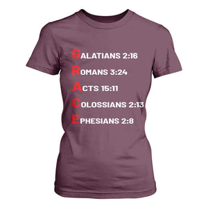 GRACE Christian Scripture Acronym T Shirt For Women Bible Verses Galatians Romans Acts Colossians Ephesians Faith Message Gift TS02 Maroon Print Your Wear