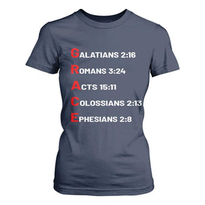 GRACE Christian Scripture Acronym T Shirt For Women Bible Verses Galatians Romans Acts Colossians Ephesians Faith Message Gift TS02 Navy Print Your Wear