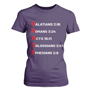 GRACE Christian Scripture Acronym T Shirt For Women Bible Verses Galatians Romans Acts Colossians Ephesians Faith Message Gift TS02 Purple Print Your Wear