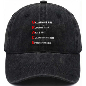 GRACE Christian Scripture Acronym Washed Cotton Baseball Cap Bible Verses Galatians Romans Acts Colossians Ephesians Faith Message Gift TS02 Print Your Wear