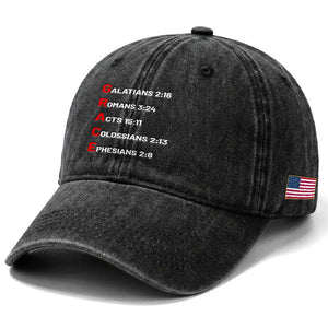 GRACE Christian Scripture Acronym Washed Cotton Baseball Cap Bible Verses Galatians Romans Acts Colossians Ephesians Faith Message Gift TS02 Print Your Wear