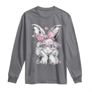 Cute Easter Bunny with Heart Glasses Pink Bow Long Sleeve Shirt Adorable Rabbit Love Aesthetic Gift TS02 Charcoal Print Your Wear