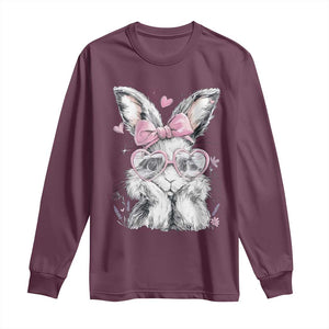 Cute Easter Bunny with Heart Glasses Pink Bow Long Sleeve Shirt Adorable Rabbit Love Aesthetic Gift TS02 Maroon Print Your Wear