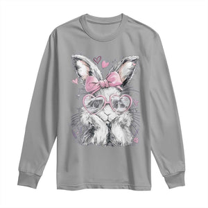 Cute Easter Bunny with Heart Glasses Pink Bow Long Sleeve Shirt Adorable Rabbit Love Aesthetic Gift TS02 Sport Gray Print Your Wear