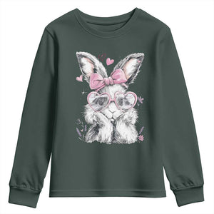 Cute Easter Bunny with Heart Glasses Pink Bow Youth Sweatshirt Adorable Rabbit Love Aesthetic Gift TS02 Dark Forest Green Print Your Wear