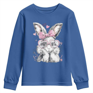 Cute Easter Bunny with Heart Glasses Pink Bow Youth Sweatshirt Adorable Rabbit Love Aesthetic Gift TS02 Royal Blue Print Your Wear