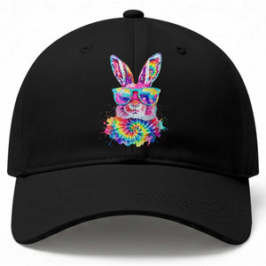 Colorful Tie Dye Bunny with Sunglasses Baseball Cap Cool Easter Rabbit Retro Hippie Vibe Graphic Gift TS02 Print Your Wear