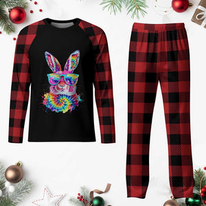 Colorful Tie Dye Bunny with Sunglasses Plaid Pajama Set Cool Easter Rabbit Retro Hippie Vibe Graphic Gift TS02 Buffalo Plaid Print Your Wear