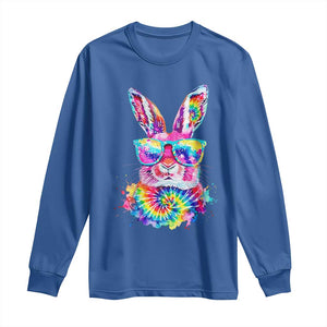 Colorful Tie Dye Bunny with Sunglasses Long Sleeve Shirt Cool Easter Rabbit Retro Hippie Vibe Graphic Gift TS02 Royal Blue Print Your Wear