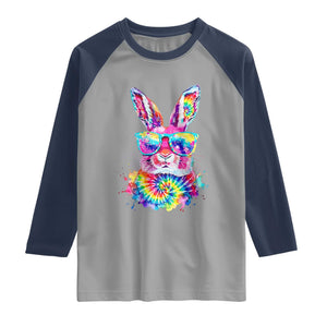 Colorful Tie Dye Bunny with Sunglasses Raglan Shirt Cool Easter Rabbit Retro Hippie Vibe Graphic Gift TS02 Sport Gray Navy Print Your Wear