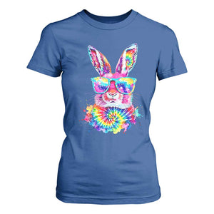 Colorful Tie Dye Bunny with Sunglasses T Shirt For Women Cool Easter Rabbit Retro Hippie Vibe Graphic Gift TS02 Royal Blue Print Your Wear