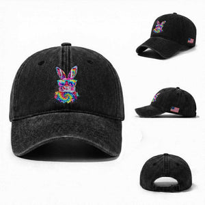 Colorful Tie Dye Bunny with Sunglasses Washed Cotton Baseball Cap Cool Easter Rabbit Retro Hippie Vibe Graphic Gift TS02 Washed Cap Universal Fit Black Print Your Wear
