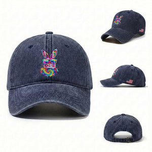 Colorful Tie Dye Bunny with Sunglasses Washed Cotton Baseball Cap Cool Easter Rabbit Retro Hippie Vibe Graphic Gift TS02 Washed Cap Universal Fit Navy Print Your Wear
