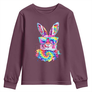 Colorful Tie Dye Bunny with Sunglasses Youth Sweatshirt Cool Easter Rabbit Retro Hippie Vibe Graphic Gift TS02 Maroon Print Your Wear