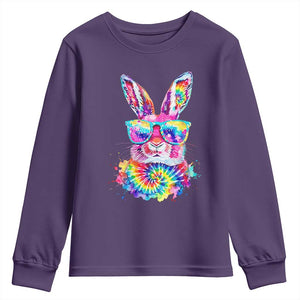 Colorful Tie Dye Bunny with Sunglasses Youth Sweatshirt Cool Easter Rabbit Retro Hippie Vibe Graphic Gift TS02 Purple Print Your Wear
