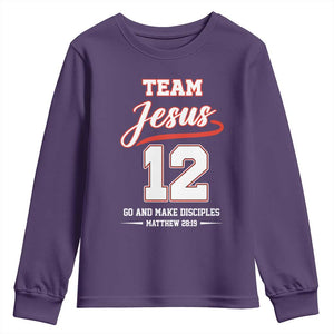 Team Jesus 12 Christian Sports Style Youth Sweatshirt Go And Make Disciples Matthew 28:19 Faith Athletic Inspired Gift TS02 Purple Print Your Wear