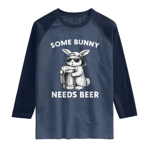 Some Bunny Needs Beer Funny Easter Drinking Humor Raglan Shirt Cool Rabbit with Sunglasses Graphic Gift TS02 Heather Denim Navy Print Your Wear