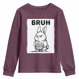 Bruh Angry Easter Bunny with Eggs Basket Youth Sweatshirt Funny Rabbit Meme Humor Graphic Gift TS02 Maroon Print Your Wear