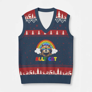 Ally Street Cat Rainbow Raccoon V-Neck Knit Sweater Vest Funny LGBTQ+ Pride Support TS02 Navy Red Print Your Wear