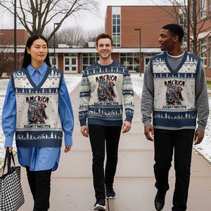 Patriotic Horror Mashup V-Neck Knit Sweater Vest America Killing It Since 1776 TS02 Beige Navy Print Your Wear
