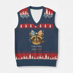 Red White and Feral Raccoon V-Neck Knit Sweater Vest Funny Patriotic Animal 4th of July TS02 Navy Red Print Your Wear