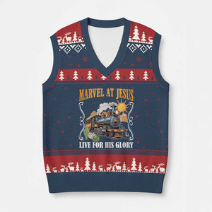 Summer VBS 2025 V-Neck Knit Sweater Vest Marvel at Jesus Live for His Glory Christian Bible Camp TS02 Navy Red Print Your Wear