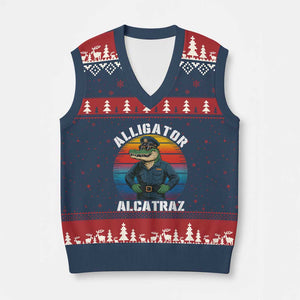 Alligator Alcatraz Florida V-Neck Knit Sweater Vest Funny Gator Cop Political Humor Retro Sunset TS02 Navy Red Print Your Wear