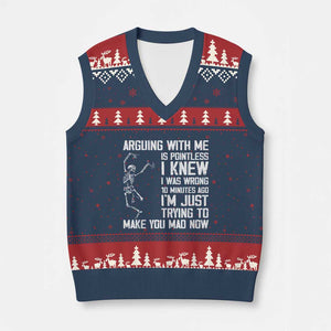 Funny Skeleton Sarcastic V-Neck Knit Sweater Vest Arguing With Me Is Pointless Smartmouths TS02 Navy Red Print Your Wear