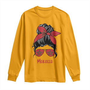 Morocco Girl Messy Bun with Flag Sunglasses Long Sleeve Shirt Proud Moroccan Woman Heritage TS02 Gold Print Your Wear