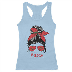 Morocco Girl Messy Bun with Flag Sunglasses Racerback Tank Top Proud Moroccan Woman Heritage TS02 Light Blue Print Your Wear