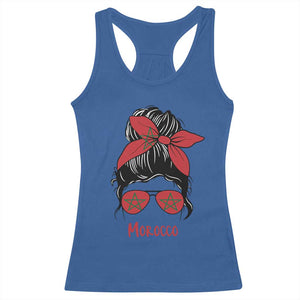 Morocco Girl Messy Bun with Flag Sunglasses Racerback Tank Top Proud Moroccan Woman Heritage TS02 Royal Blue Print Your Wear