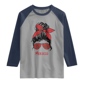 Morocco Girl Messy Bun with Flag Sunglasses Raglan Shirt Proud Moroccan Woman Heritage TS02 Sport Gray Navy Print Your Wear