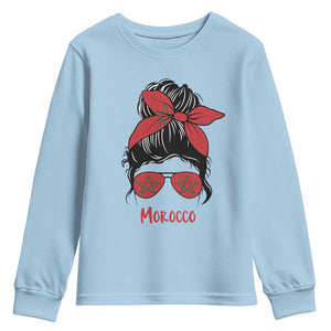 Morocco Girl Messy Bun with Flag Sunglasses Youth Sweatshirt Proud Moroccan Woman Heritage TS02 Light Blue Print Your Wear