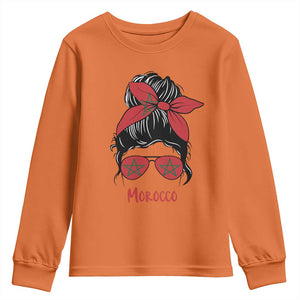 Morocco Girl Messy Bun with Flag Sunglasses Youth Sweatshirt Proud Moroccan Woman Heritage TS02 Orange Print Your Wear