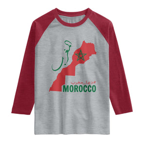 Morocco Map Dima Maghrib with Arabic Calligraphy Raglan Shirt Maghreb Traditional Moroccan Roots Graphic TS02 Heather Gray Heather Red Print Your Wear