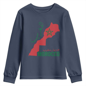 Morocco Map Dima Maghrib with Arabic Calligraphy Youth Sweatshirt Maghreb Traditional Moroccan Roots Graphic TS02 Navy Print Your Wear