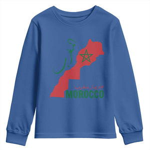 Morocco Map Dima Maghrib with Arabic Calligraphy Youth Sweatshirt Maghreb Traditional Moroccan Roots Graphic TS02 Royal Blue Print Your Wear