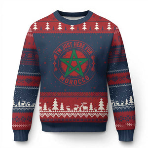 I'm Just Here for Morocco Ugly Christmas Sweater Funny Moroccan Pride Supporter Sports Fan TS02 Navy Red Print Your Wear