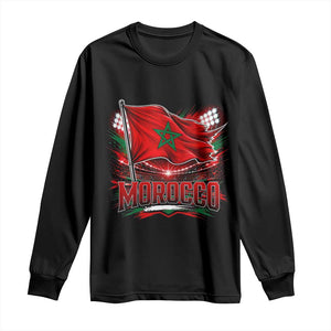 Waving Morocco Flag Stadium Lights Long Sleeve Shirt Patriotic Moroccan Soccer Fans TS02 Black Print Your Wear