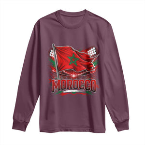 Waving Morocco Flag Stadium Lights Long Sleeve Shirt Patriotic Moroccan Soccer Fans TS02 Maroon Print Your Wear