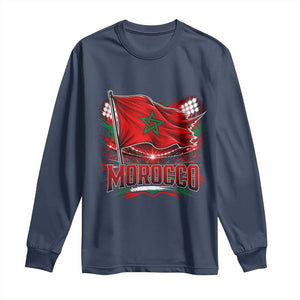 Waving Morocco Flag Stadium Lights Long Sleeve Shirt Patriotic Moroccan Soccer Fans TS02 Navy Print Your Wear
