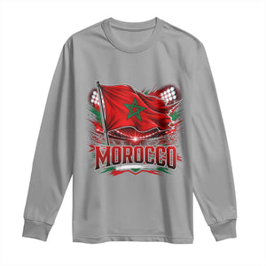 Waving Morocco Flag Stadium Lights Long Sleeve Shirt Patriotic Moroccan Soccer Fans TS02 Sport Gray Print Your Wear