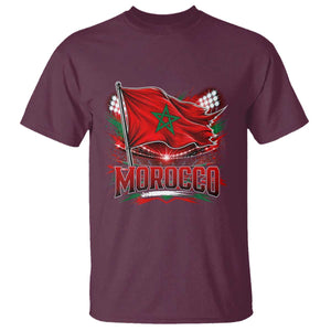 Waving Morocco Flag Stadium Lights T Shirt Patriotic Moroccan Soccer Fans TS02 Maroon Print Your Wear