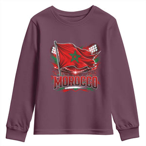 Waving Morocco Flag Stadium Lights Youth Sweatshirt Patriotic Moroccan Soccer Fans TS02 Maroon Print Your Wear