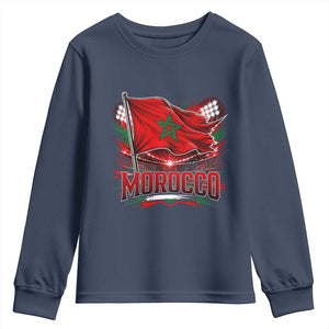 Waving Morocco Flag Stadium Lights Youth Sweatshirt Patriotic Moroccan Soccer Fans TS02 Navy Print Your Wear